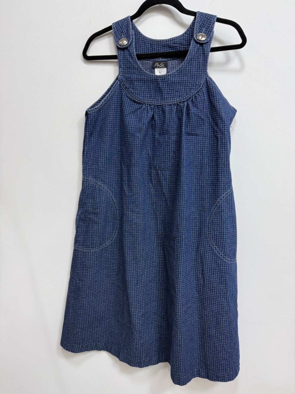 Per Se Blue Checked Denim-Style Midi Pinafore Dress